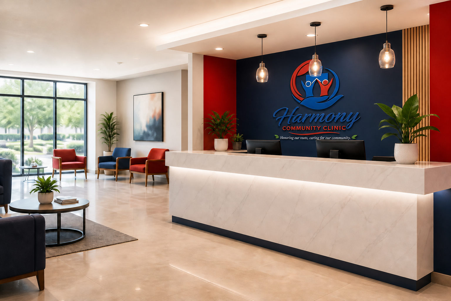 Modern Harmony Community Clinic reception with the official logo on the blue wall